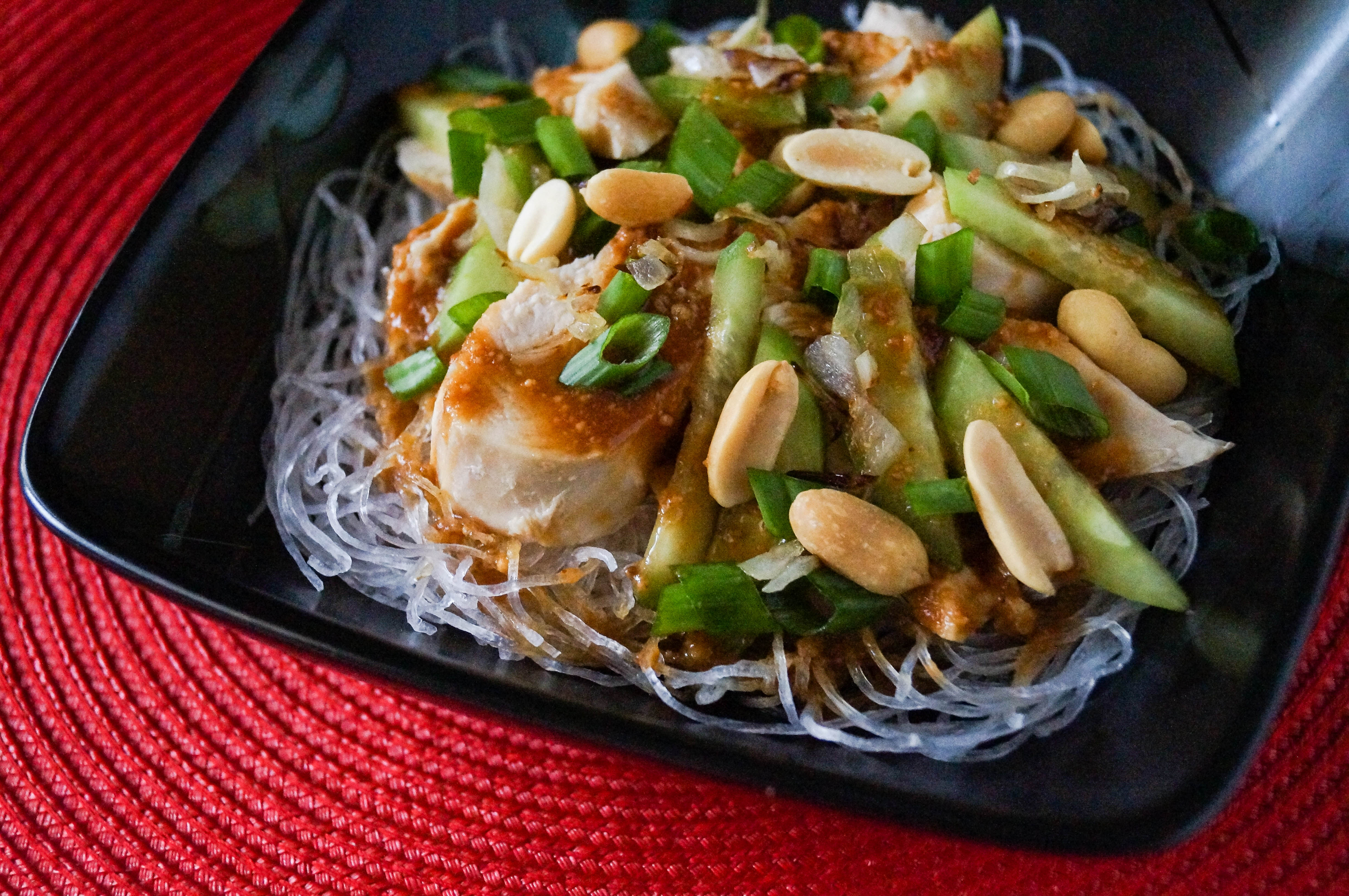 Peanut Chicken over Glass Noodles