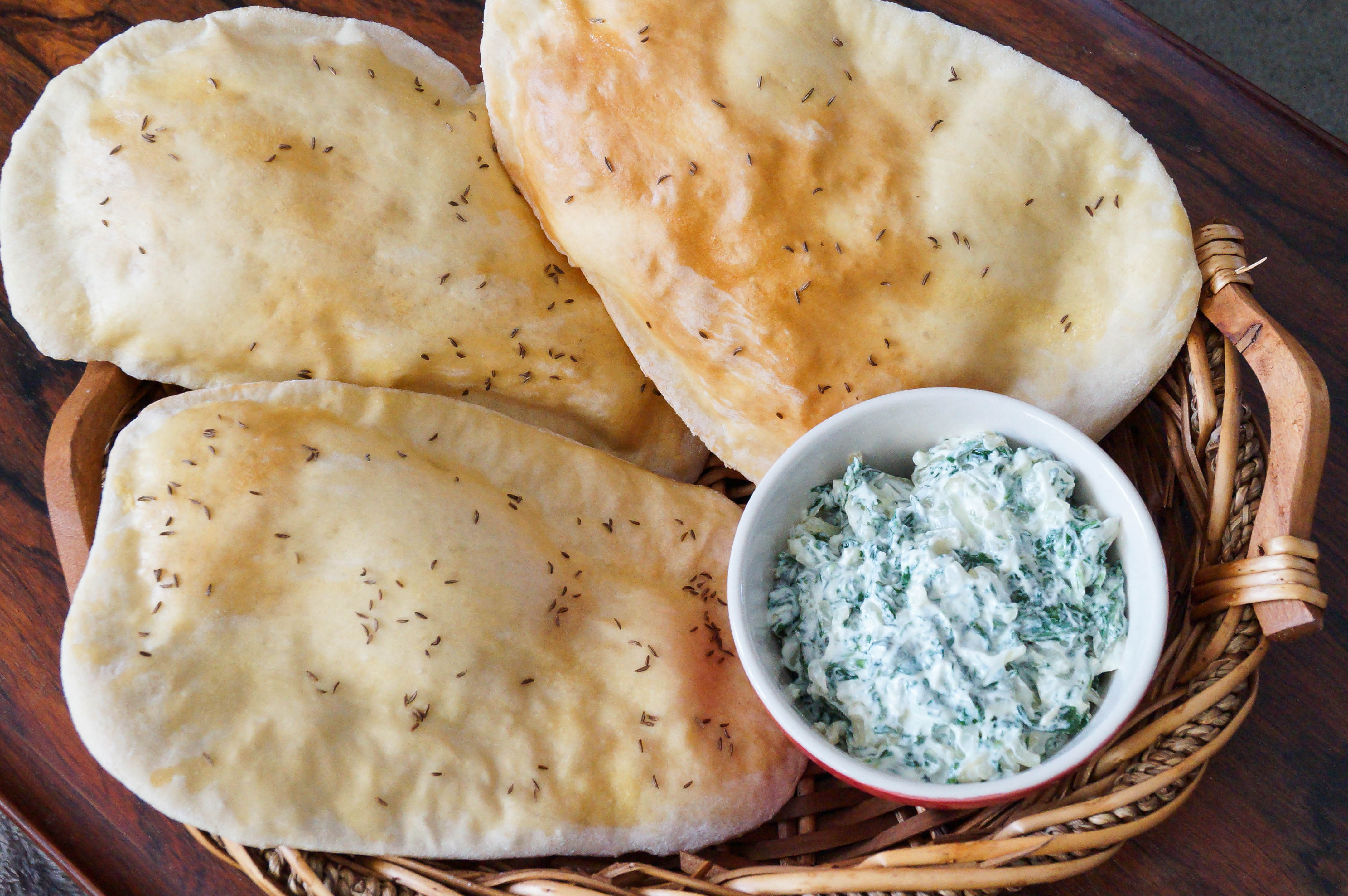 Noni Afghani (Afghan Flat Bread) with Sabse Borani (Spinach Yogurt Dip